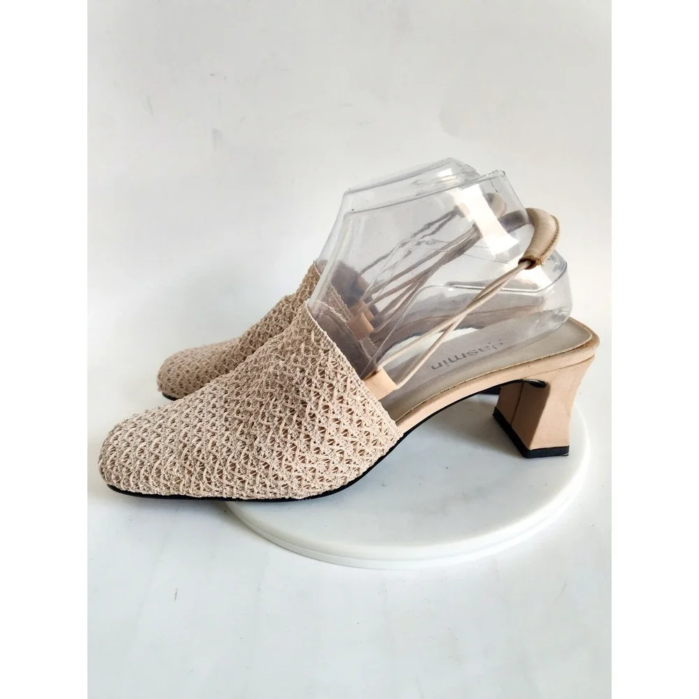 Vintage Crochet Slingback Heels 8.5 Square Toe Beige Neutral Woven Block Heel